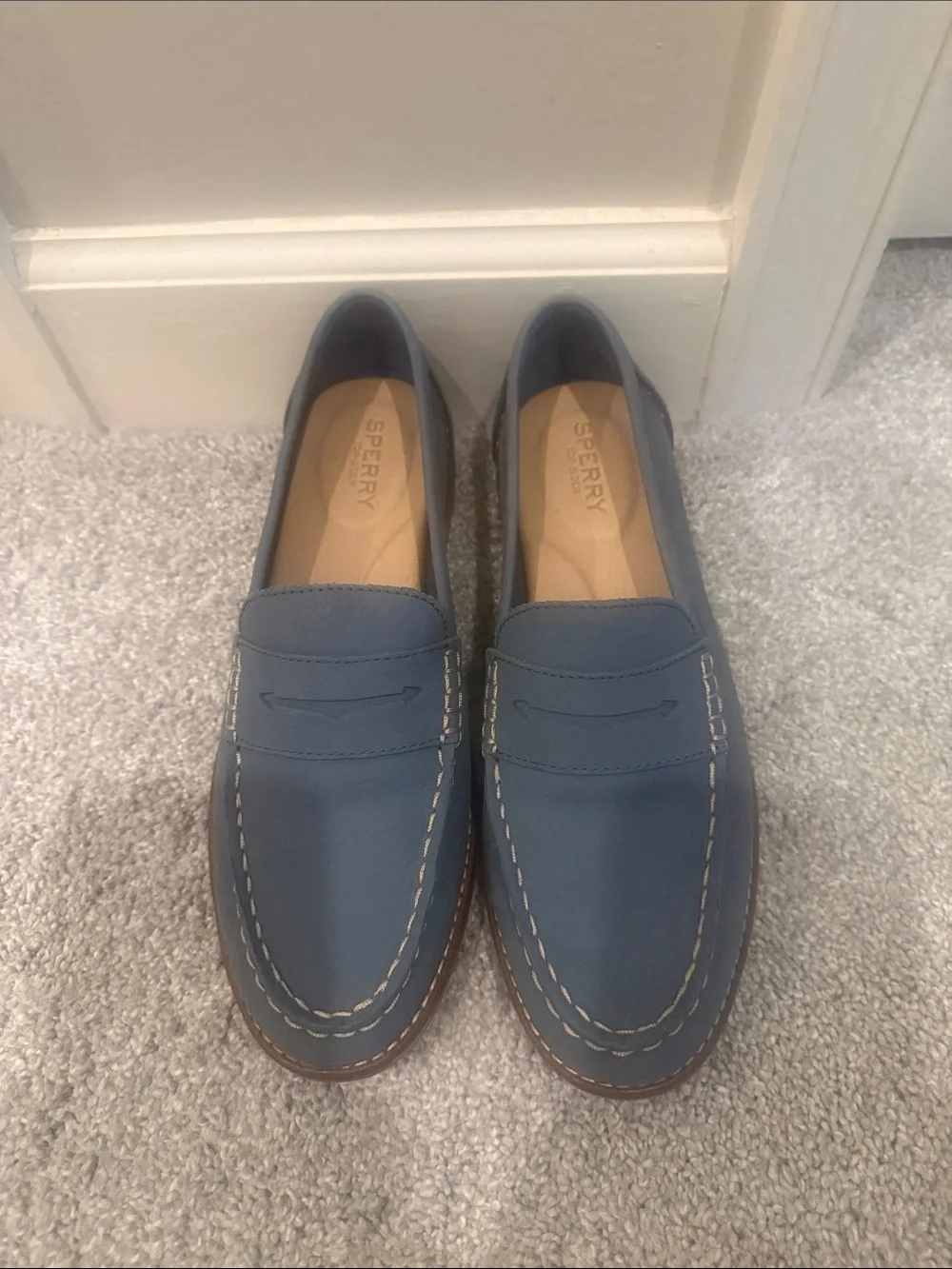 Sperry Women's Denim Blue Leather Penny Loafers—never worn.